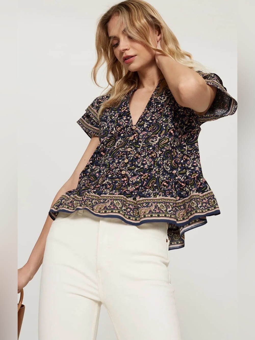 Veronica Beard Mahia Navy Blue Paisley Blouse 100% Cotton Size 6 Boho Beach